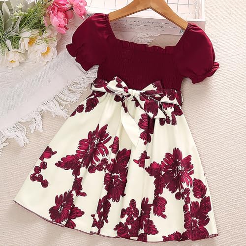 Little Girls Short Sleeve Dresses Girls Floral Smocked Waist Dress Church Holiday Playwear Soft Midi Dress2