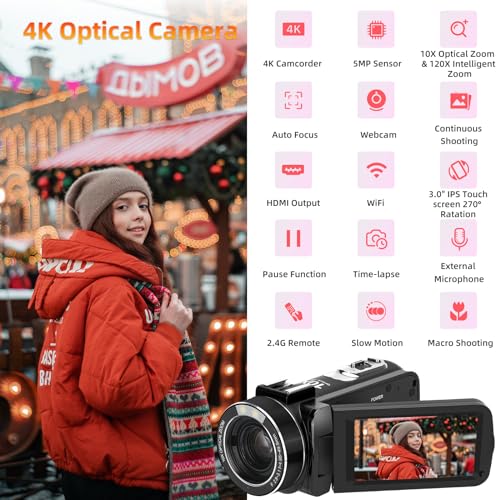 Video Camera 4K Camcorder with 10X Optical Zoom & 120X Intelligent Zoom, 4K 30MP WiFi YouTube Video Streaming Camera 3.0" IPS Touch Screen Digital Camera with Microphone, Wide Angle Lens, 32G Card by ORDRO - Image 2