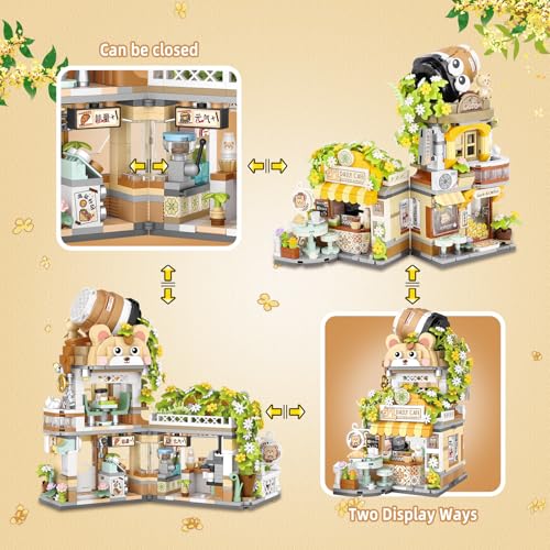 Street View Coffee Shop Mini Building Blocks, MOC Creative Building Toys Cute Animals Building Set for Girls 6-12, Simulation Architecture Construction Toy, Gift Idea for Kids Adults (1077 PCS)