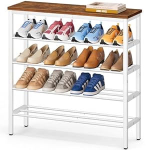 KIMBORA 5 Tier Shoe Rack for Entryway Holds 20 Pairs Metal Shoe Rack Organizer for Front Door Entrance with Wooden Top Storage Shelves Rustic Brown and White