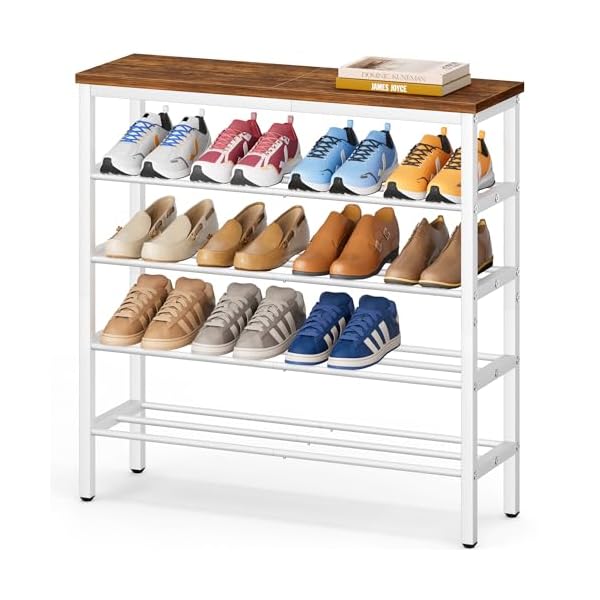 Kimbora 5 tier shoe rack for entryway holds 20 pairs metal shoe rack organizer for front door entrance with wooden top storage shelves rustic brown and white  urban country home decor