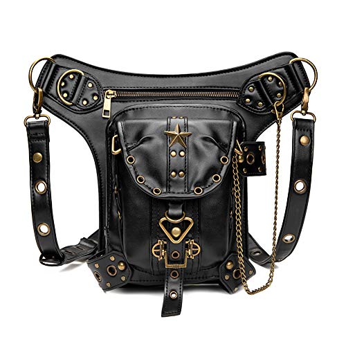 UIYTR Steampunk Retro Motorcycle Bag - Black Waist Pack with Adjustable Buckle and Leather