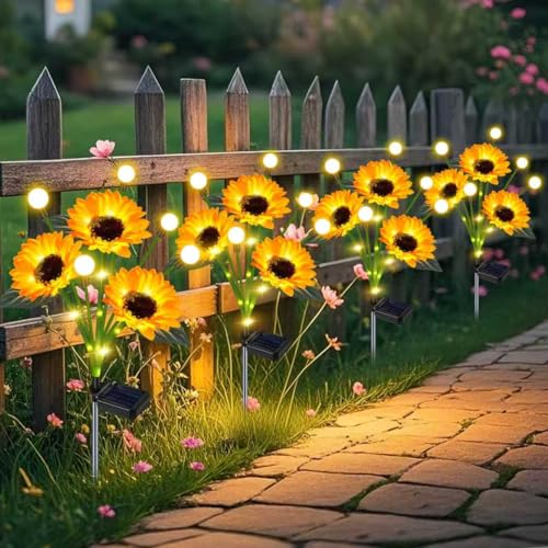 yeuago Sunflower Solar Lights Outdoor Garden Decor,Upgraded 4 Pack Solar Sunflowers with Firefly Lights Waterproof,Gifts for Mom Women Grandma,Garden Decor for Outside Yard Patio Pathway Lawn
