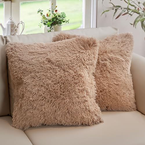 Cheer Collection Throw Pillows for Couch and Bed, Soft Shaggy Throw Pillows with Inserts Included, Cozy Long Hair Faux Fur Pillows - Set of 2-20' x 20' - Taupe