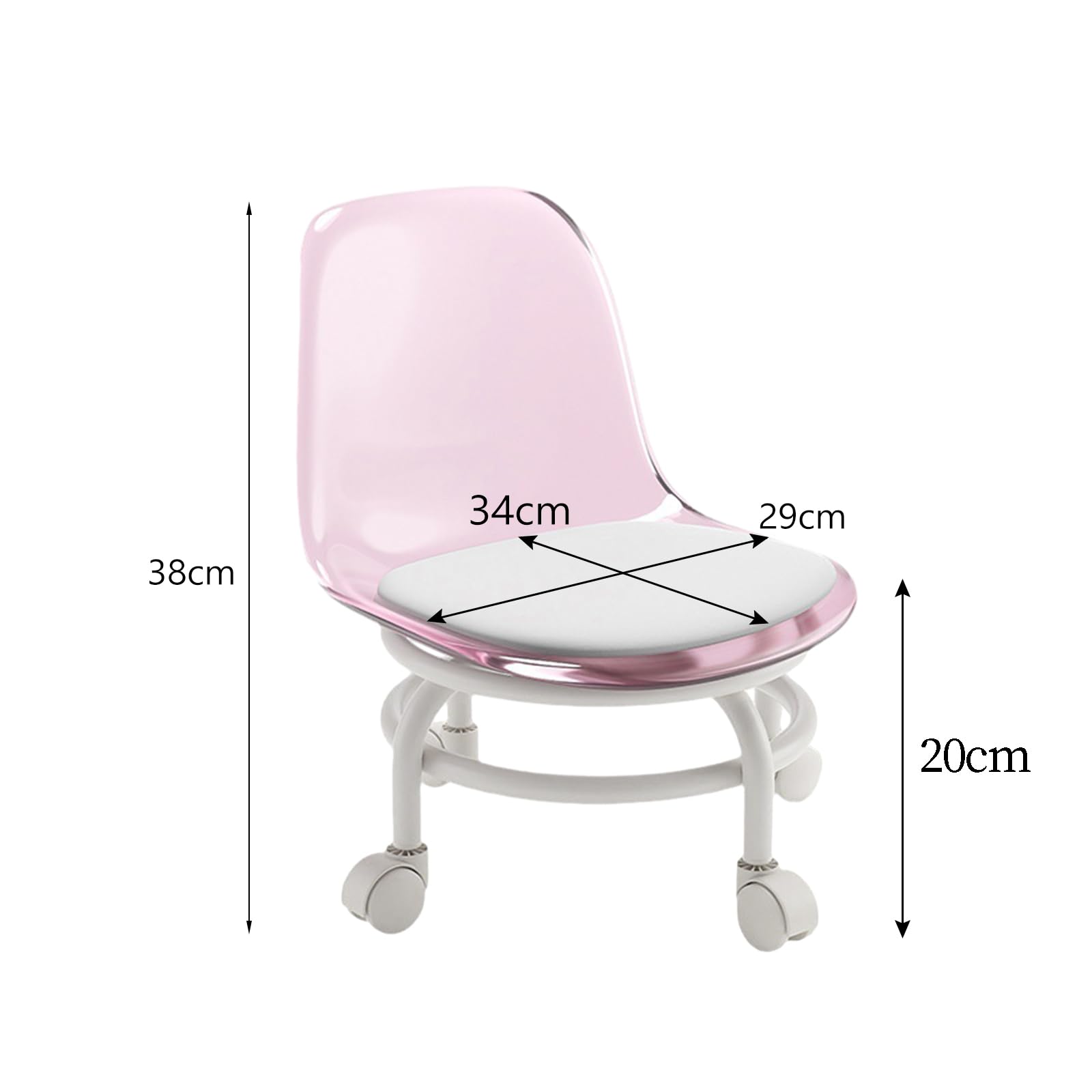 Tabouret Bas Roulant à Roulettes avec Dossier, Siège de Pédicure Pivotant 360°, Rose
