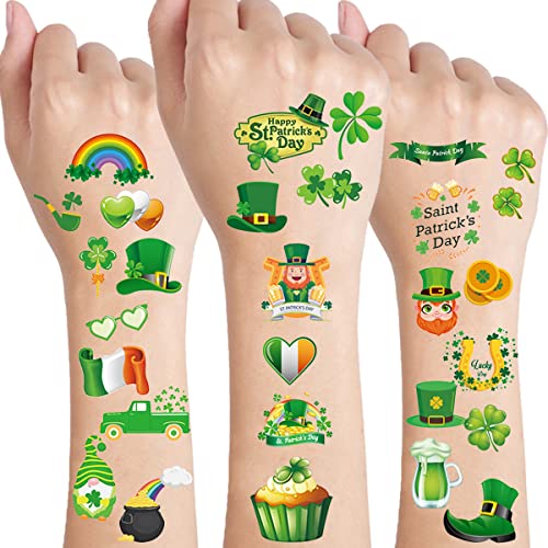 100PCS St. Patrick's Day Temporary Tattoos Women Kids, St. Patrick's Day Green Shamrock Rainbow Gold Coin Print Waterproof Fake Tattoo Stickers for St. Patrick's Day Party Favors 10 Sheets