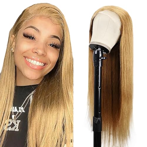 Creuost Echthaar Perücke Straight 4x4 Swiss Spitze Lace Frontal Human Hair Wig haarspangen damen Unprocessed Brazilian Virgin Hair Pre Plucked With Natural Hairline #27 Honey Blonde 22 Zoll
