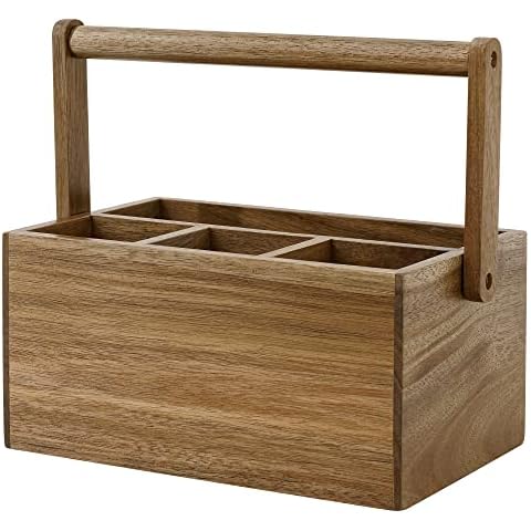 VaeFae Acacia Silverware Caddy with Handle, Wooden Utensil Holder, Mulip-pose Organizer for Kitchen, Office, Bathroom, Bedroom Cover
