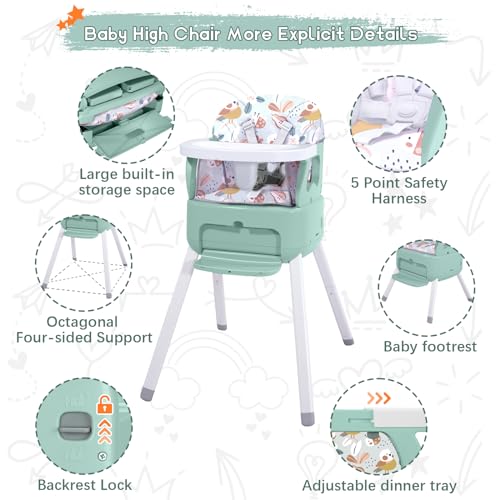 4 in 1 portable baby high chairconvertible highchair for babies and toddlers-foldable infant booster seatcarry small boxdining chairtoddler high chair with 5-point harnessremovable tray-green