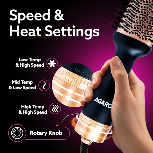 Image of AGARO HV2179 Hot Air Brush for Hair, Blow Dryer Brush, Volumizer & Styler, 360 Airflow Vent, Oval Barrel for Hair Volume, Charcoal Bristles, Ceramic Coating Brushing Head, 1200W, Gold & Black