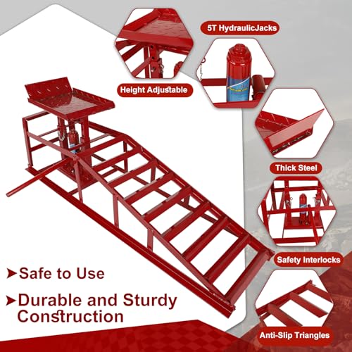EASYBERG 5 Ton Hydraulic Car Ramps, 2PCS Heavy Duty 11,000 lbs Vehicle Lifts with Adjustable 9.8"-15" Height, Portable Steel Ramps for Oil Change, Auto Repair, Garage & Home Maintenance