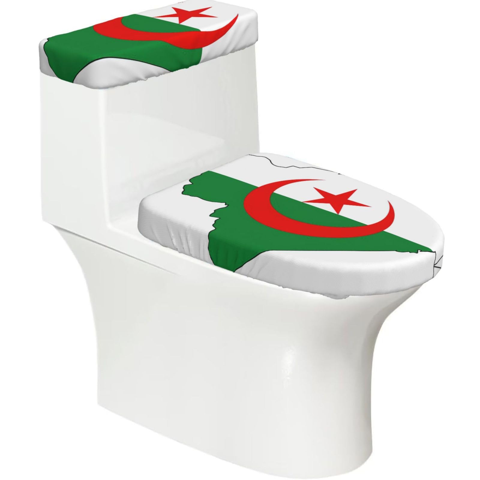 Algeria Flag Map Printed Toilet Tank and Lid Cover Set of 2 for Most Bathrooms, Fits Elongated Round Toilets