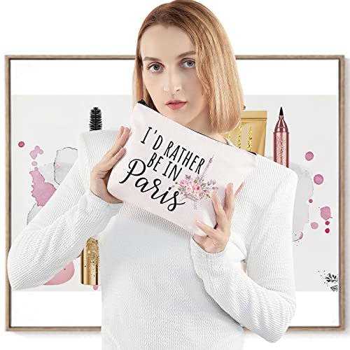 LEVLO Eiffel Tower Cosmetic Make Up Bag - Travelers Gift - 'I'd Rather Be In Paris' - Blue - Canvas - Zipper Pouch - 9.05" x 6.69" x 14.56"4