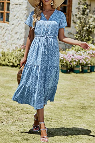 PRETTYGARDEN Summer Floral Dress for Women 2025 Casual Boho Short Sleeve Maxi Dresses V Neck Tiered Flowy Beach Sundress