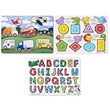 Melissa & Doug Wooden Peg Puzzles Set - Alphabet, Vehicles, and Shapes