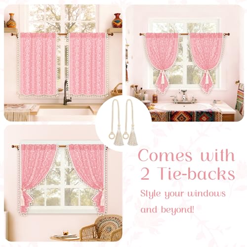 Image of Yinhua Boho Kitchen Curtains 36 Inch Length Vintage Linen Cafe Curtains Light Filtering Bohemian Floral Tier Rod Pocket Farmhouse Rustic Tassel Small Drapes with Tiebacks, 2 Panels, Pink