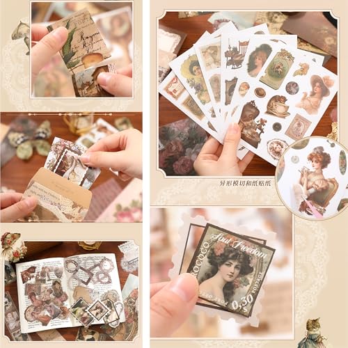 Image of The AutoStory Elegant Scrapbook Album A6 Junk Journal Flower Stickers Vintage Collage Paper Washi Tape DIY Craft Art Keepsake Memory Book Decoration Sets Teens Girls (Royal Camelia, Pink)