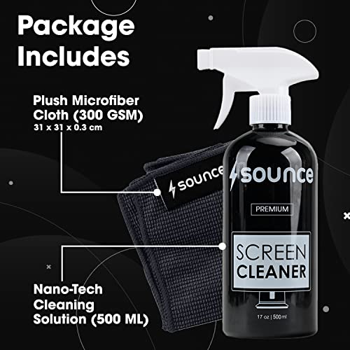 Image of Sounce 2-in-1 Professional Screen Cleaning Kit Non-Toxic, Anti-Static for Camera, Lens, Binocular, Laptop, TV, Monitor, Smartphone, Tablet (Includes: Cleaning Liquid 500ml, Plush Microfiber Cloth)