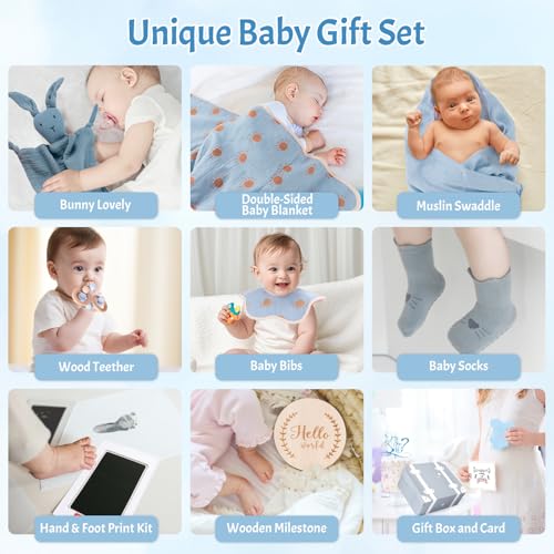Image of Baby Shower Gifts for Boys, Baby Boy Gifts & Newborn Essentials Bunny Lovey Security Blanket Wooden Milestone Card Infant Rattle Toy, Neworn Boy Gift Basket Set