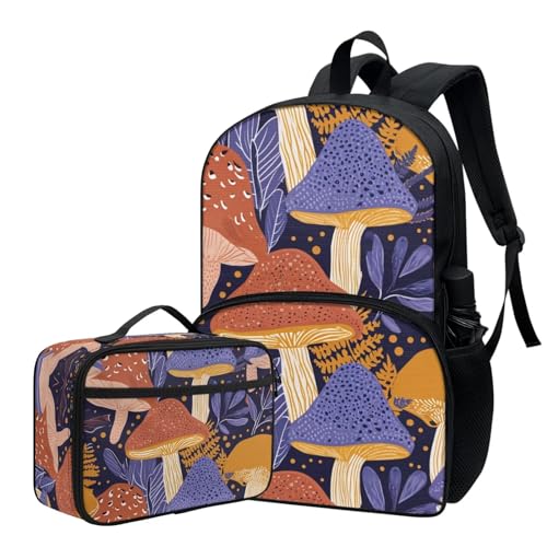 Mushroom Backpack for Girls Padded Back Straps Lightweight 17 Inch School Backpack with Lunch Box for Girls Flower Print Bookbag Black School Bag2