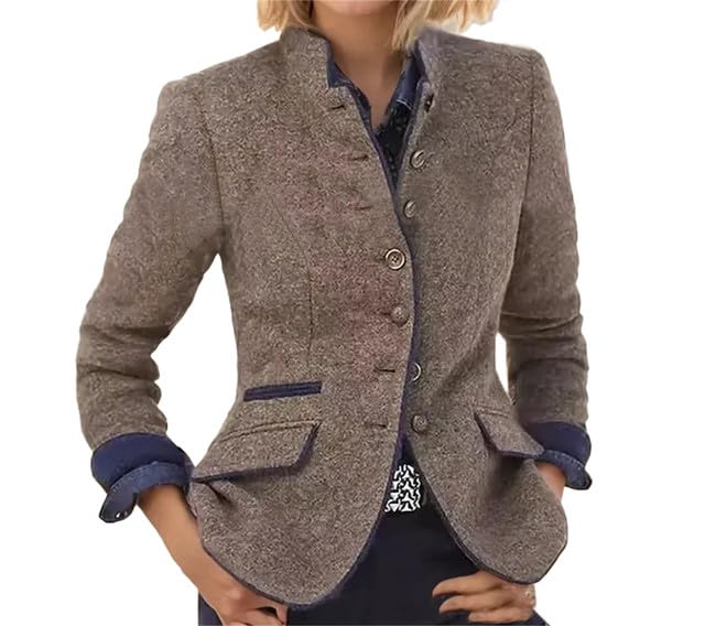Women's Vintage Single-Breasted Tweed Blazer Jacket Elegant Long Sleeve Stand Collar Fitted Business Jacket Coat