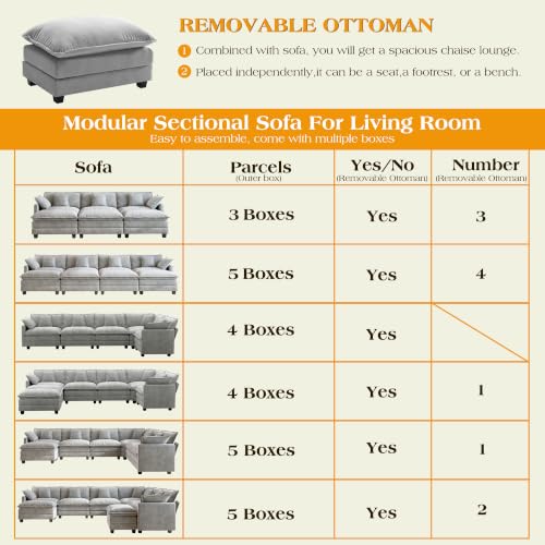 Image of Hanherry Modular Sectional Sofa,Cloud Couch for Living Room,Modern Deep Seat Sofa Chenille Fabric Comfy Couches with Throw Pillows & Movable Ottoman for Apartment