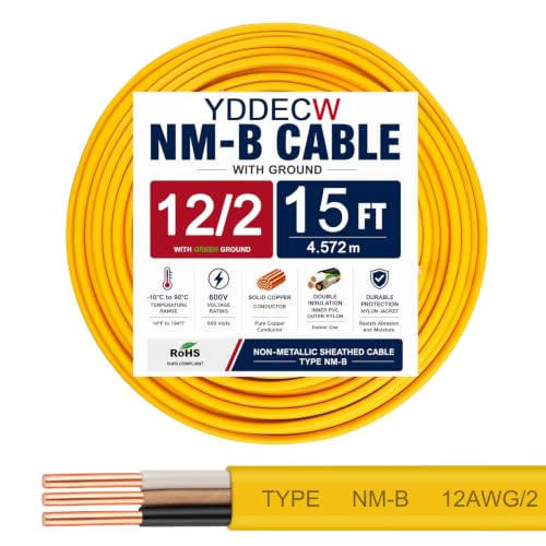 YDDECW 12/2 NM-B Wire with Ground - 15FT 12 Gauge Non-Metallic Sheathed Cable Pure Copper 12 AWG 2 Conductor Residential Indoor Wire for Outlets Switches and Other Loads etc.