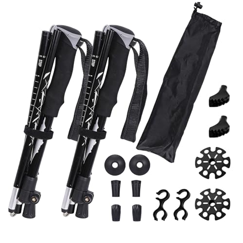 2 Bâtons de Randonnée Pliables et Réglables 110-130cm, Ultralégers en Aluminium, Bâtons pour Marche Nordique avec 5 Paires de Tampons en Caoutchouc pour Trekking et...