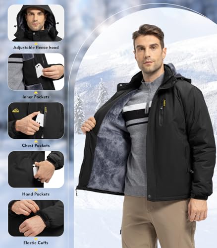 donhobo Herren Skijacke Wasserdicht Winddichte Winterjacke Warme Fleece-Futter Outdoor Übergangsjacke mit Abnehmbarer Kapuze, Schwarz, L