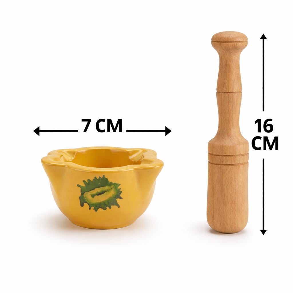 Mini Mortero Rsutico de Cerámica Amarillo 7cm con Mano de Madera de 16cm, Diseño Tradicional con Decoración Verde