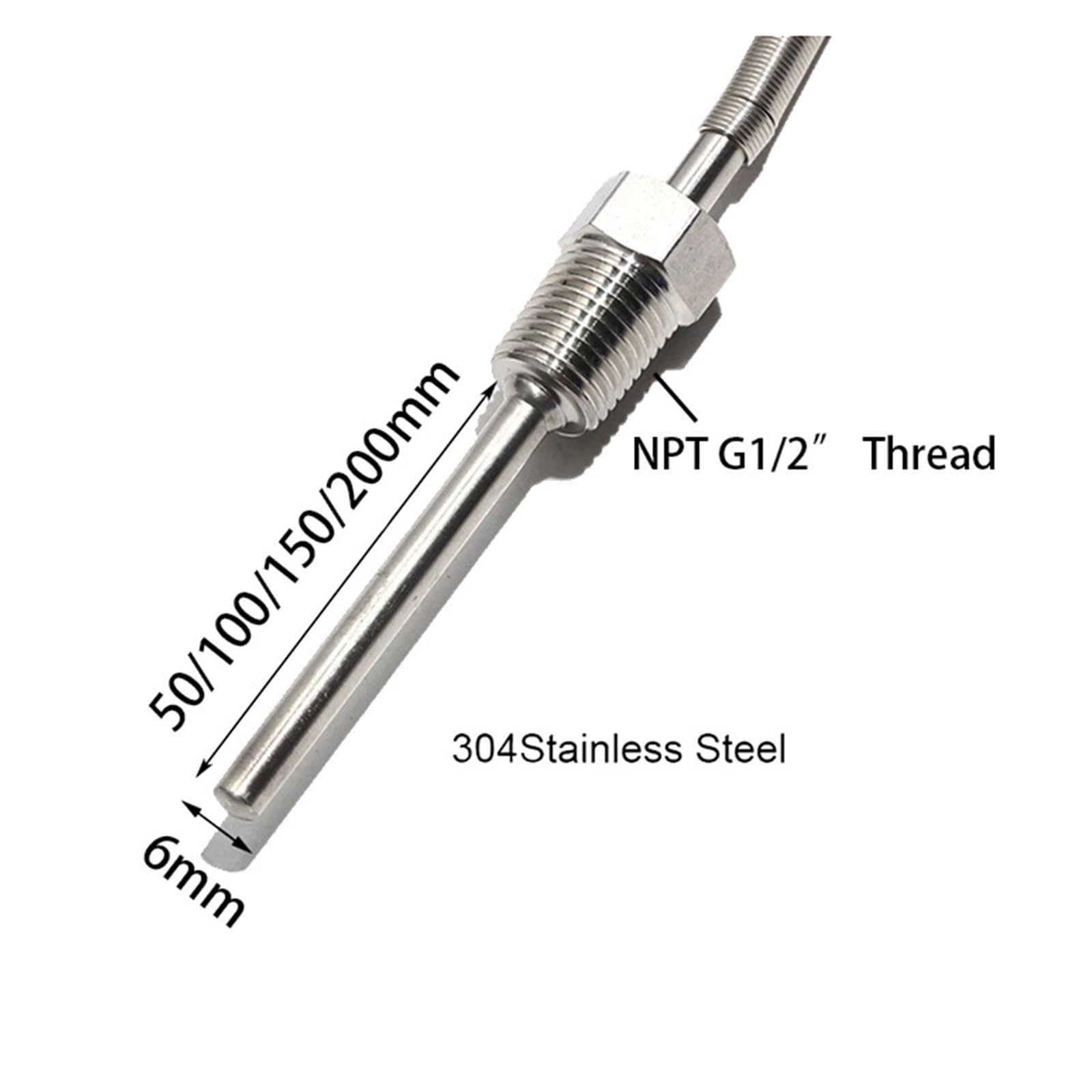 Sensor de termopar PT100 NPT G1/2 ", sonda ajustable de rosca de acero inoxidable, cable de 6x5 0/100/150/200MM, 1/2/3/4/5M(Cable Length 1m,Probe 6x150MM)