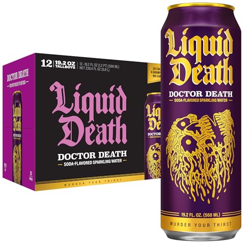 Image of Liquid Death Soda-Flavored Sparkling Water - Doctor Death (Cherry, Cream, Spice), Less Sugar*, Huge Flavor, No Caffeine, No Artificial Sweeteners, King Size 19.2 Fl Oz (Pack of 12)