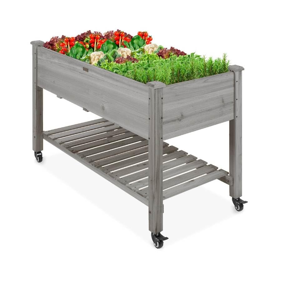 Generic Outdoor Grey Wood Raised Garden Bed Planter Box with Shelf and Locking Wheels