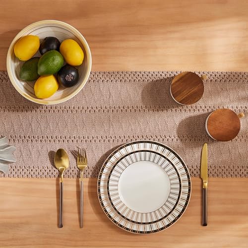 Image of ZeeMart Macrame Style Boho Table Runner, Taupe Table Runners 60 Inches Long, Farmhouse Woven Home Decor, 12x60 Inch, Taupe