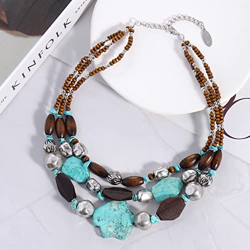 Bocar 3 Layer Turquoise Wood Beaded Statement Chunky Necklace Multi Strands Handmade Collar Jewelry for Women Gifts (NK-10124)2