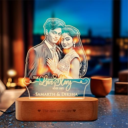 Image of ZOCI VOCI Personalized Acrylic LED Lamp | Romantic for Valentine's Day Gift, Personalized Gifts for Couples (Warm Light, B&W - Engraving)