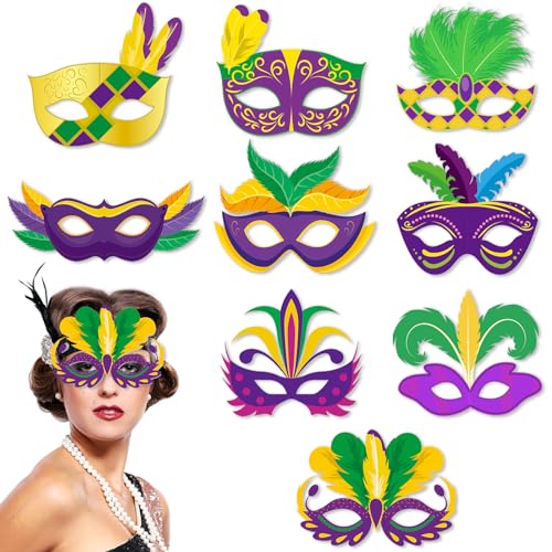 9 Pack Mardi Gras Paper Masks Carnival Parade Face Masks Colorful Cardboard Masks for Mardi Gras Costume Dress Up Accessories Mardi Gras Photo Props for Women Girls Masquerade Party Favor Supplies