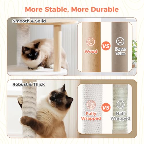 Image of 49 inch Wood Cat Tree Tower for Indoor Cats, 5-Level Modern Cat Tower with Curved Top Perch, Fully Cotton Scratching Posts & Natural Wood Posts, Cat Furniture with Interactive Dangling Ball, Beige