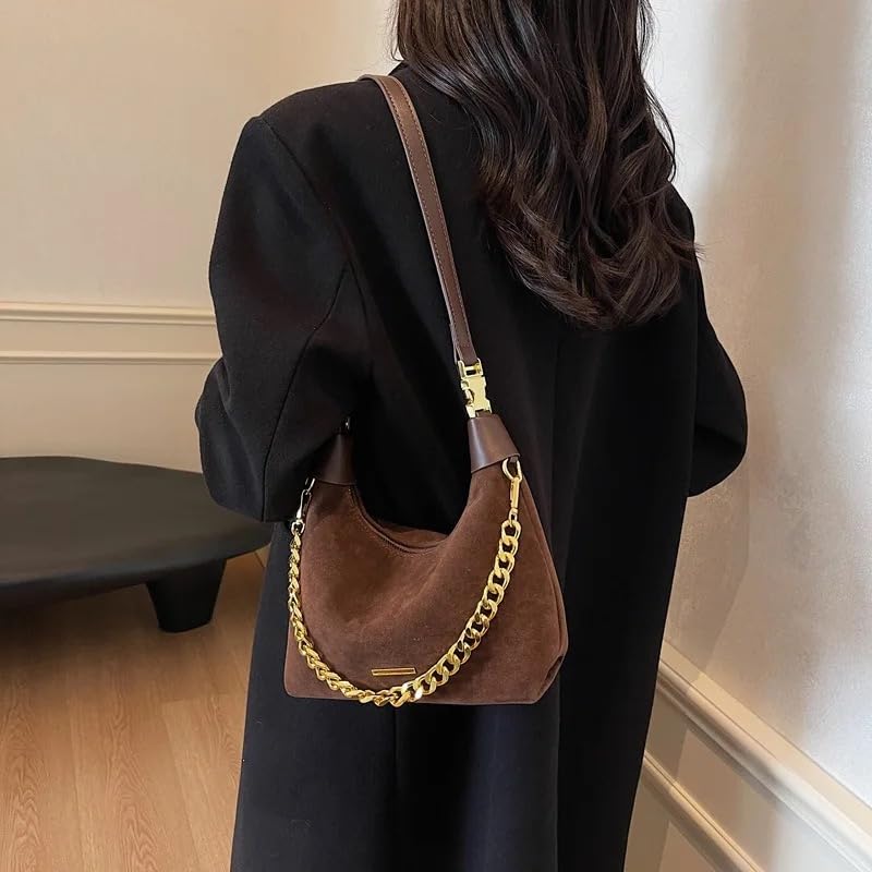 Image of Stylish Brown Suede and Leather Handbag with Gold Chain Handle