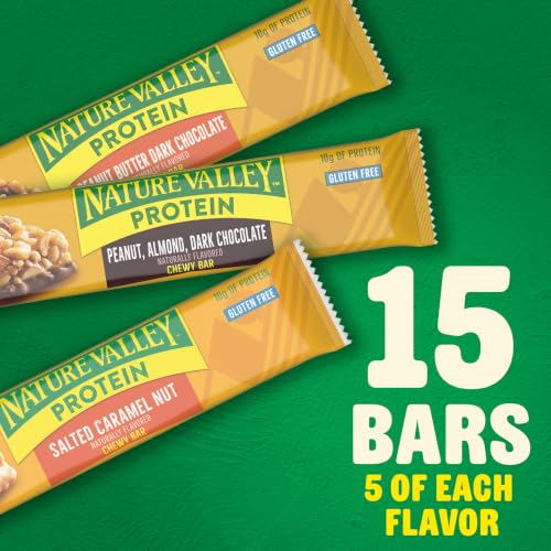 Image of Nature Valley Protein Bars Variety Pack, Gluten Free Chewy Granola Snack Bars, 10g Protein, Peanut Butter Dark Chocolate, Salted Caramel Nut, Peanut Almond Dark Chocolate, 15 Count, 21.3 oz Box