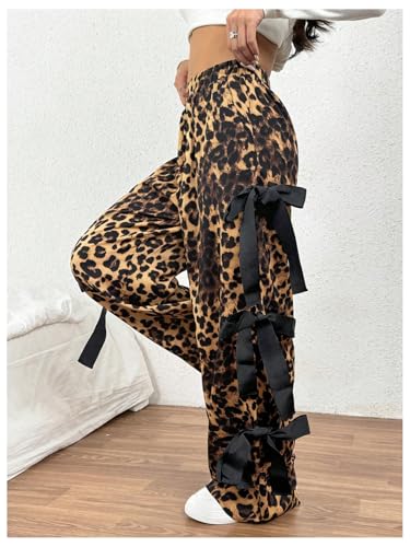 SweatyRocks Women's Leopard Print Bowknot Pant Straight Leg Elastic Waist Baggy Pants with Pockets3