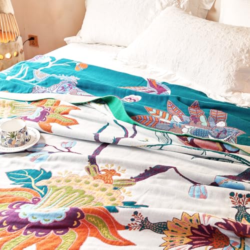 Boho Throw Blanket, 100% Organic Cotton Breathable Skin-Friendly Ultra Soft Bed Quilt Throw - All Season Floral Bird Farmhouse Décor Luxury Blanket for Sofa Couch Chair and Gift. 80" x 90"