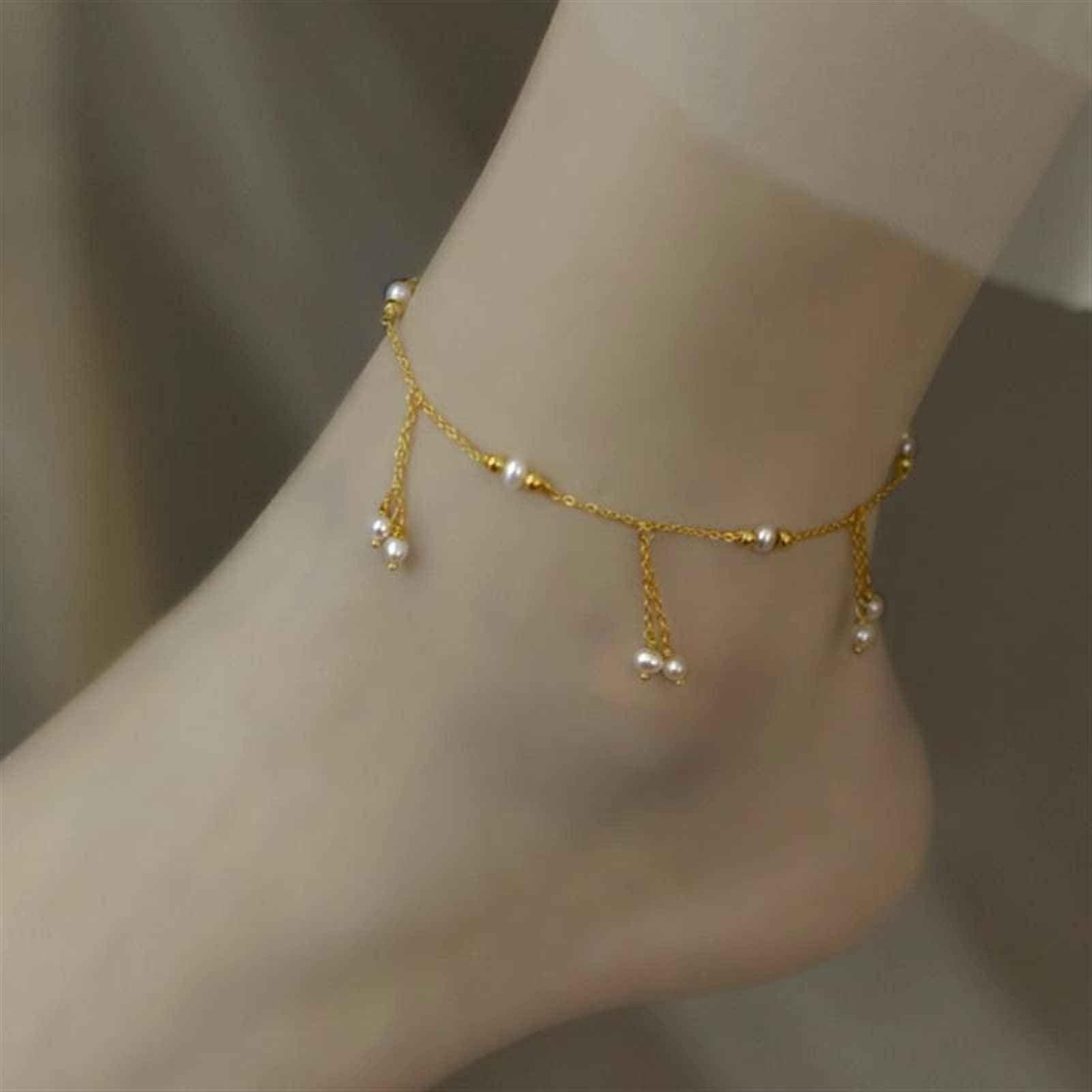Tobillera/Tobilleras Tobillera para Mujer Tobillera de Perlas de Agua Dulce Diseño Simple y Creativo Cadena Ajustable de Oro de 14 Quilates Exquisitas Pulseras de Tobillo Ladie