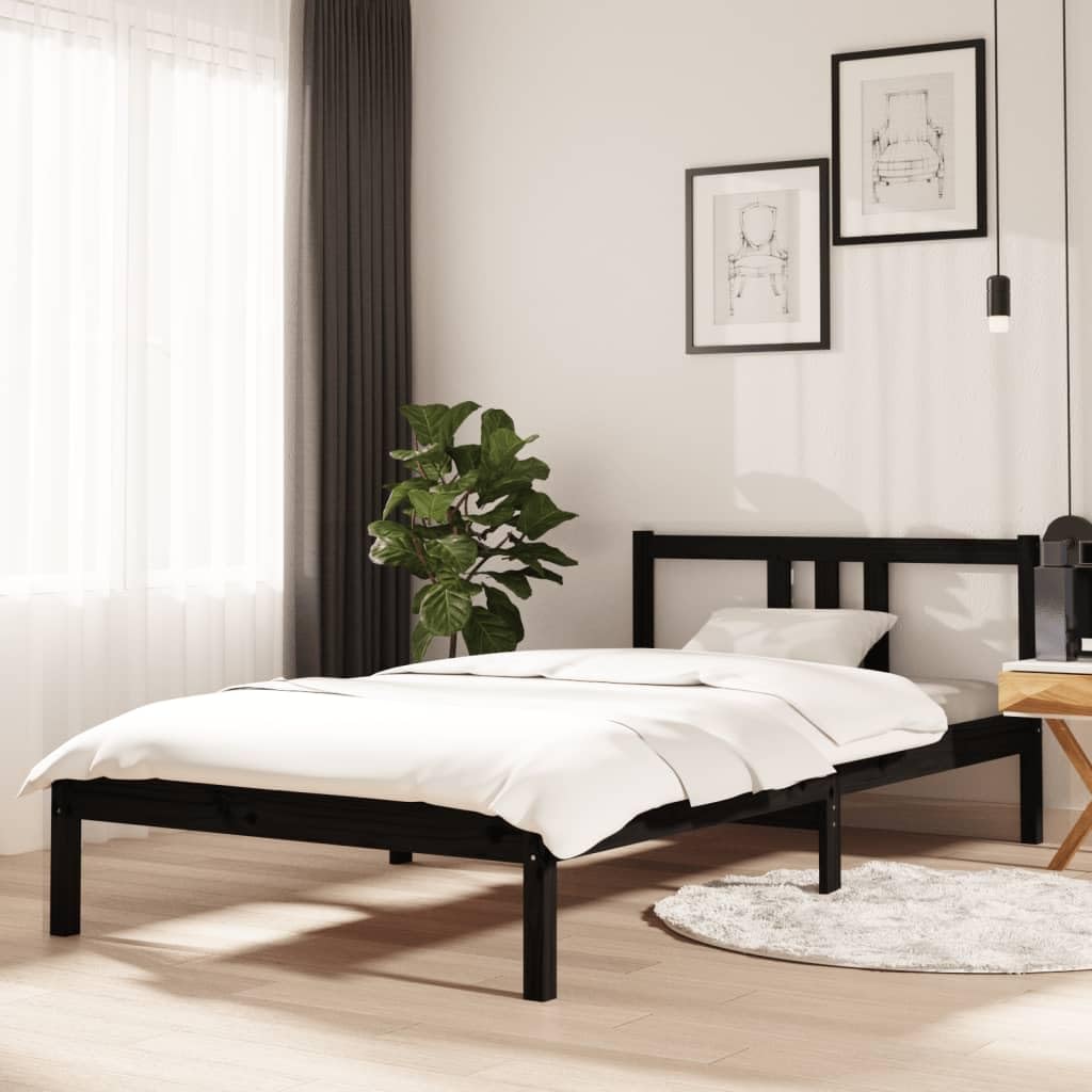lite drewno sosnowe nowoczesny wystrój sypialni klasyczny czarny 100x200 cm | Rama łóżka 100x200 cm lite drewno sosnowe czarna z zagłówkiem do sypialni