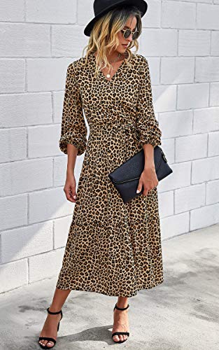 Theenkoln vestido midi feminino com estampa floral boêmio estampa de leopardo bolinhas liso gola V m