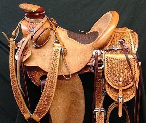Star Trading Company Wade Tree A Fork Western Leather Roping Ranch Work Bucking Rolls Attached Horse Saddle Free Headstall Breast Collar Reins & Saddle Bag, Size 14'' to 18'' (16'' Inch)