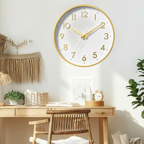 Image of Mosewa Wall Clock 10 Inch, Battery Operated Silent Non-Ticking Modern Analog Clock Decorative for Kitchen, Bedroom, Office, Living Room(White Gold)