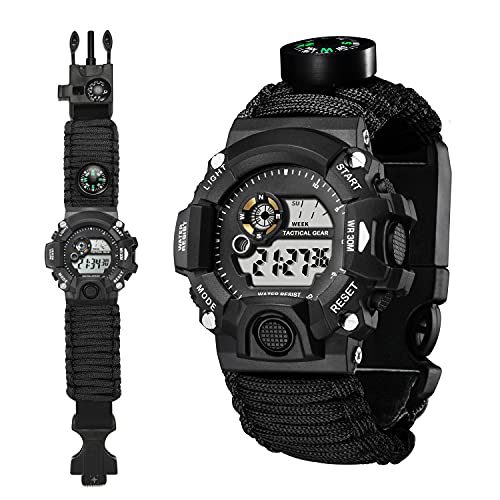 YzoTek Multifonction Montre Bracelet de Survie en Plein Air, Étanche Outils de Premiers Soins pour Sports d'urgence avec Paracord, Boussole, Thermomètre,...