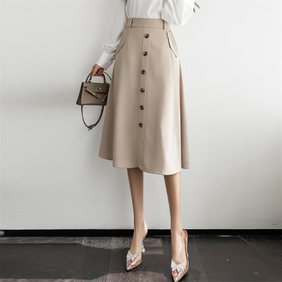Gonne da Donna A Vita Alta, Monopetto, Midi, con Tasche, Eleganti, da Ufficio, Abbinabili, A Trapezio, Light Khaki Skirts, S