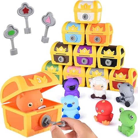 Montessori Learning Toys for Toddler 3 4 5, Surprise Treasure Box Locks with Keys,6 Animals Finger Puppets Number,Shape,Color Matching Sorting Game, Fine Moto Skill Develop Toy for Baby Boys Girls Cover